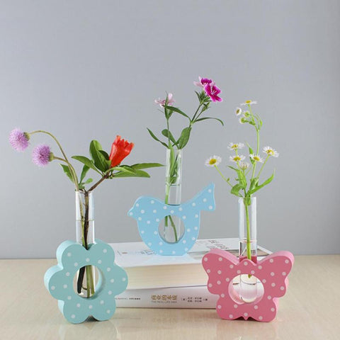Image of Nordic Pastoral Style Creative Hydroponic Plant Test Tube Vase Wooden Craft Flowers